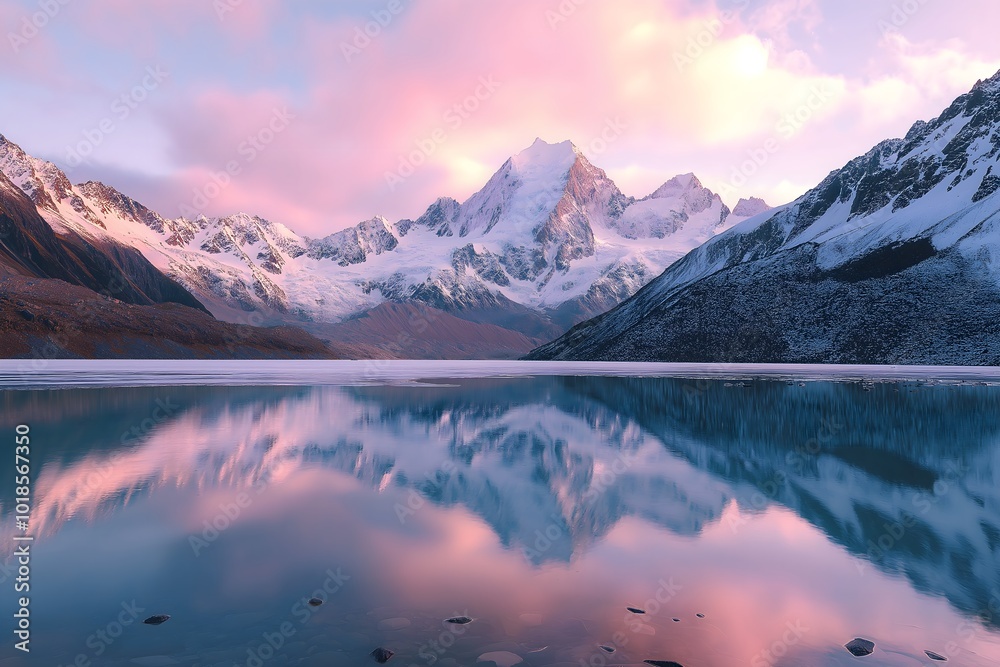 Fototapeta premium A Serene Mountain Lake With Crystal-clear Water Reflecting Snow-capped Peaks and a Soft Pastel Sunrise Sky, High Resolution Wallpaper or Background