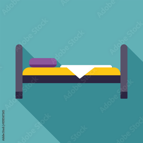 Simple icon of a bed with yellow sheets and a purple pillow, casting a long shadow