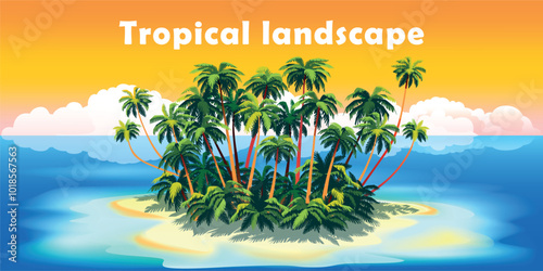 Polynesia Tropical Beach Island Landscape. Handmade drawing vector illustration. Can be used for banners, posters, cards etc.