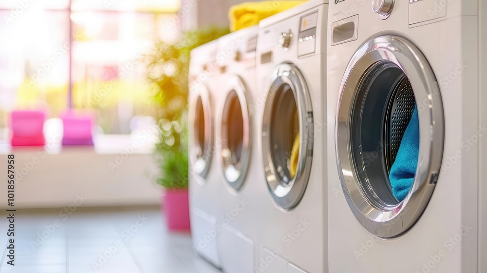 A row of washing machines in a clean, modern laundromat, public laundry space, urban lifestyle and convenience A row of washing machines in a clean, modern laundromat, public laundry space, urban lifestyle and convenience