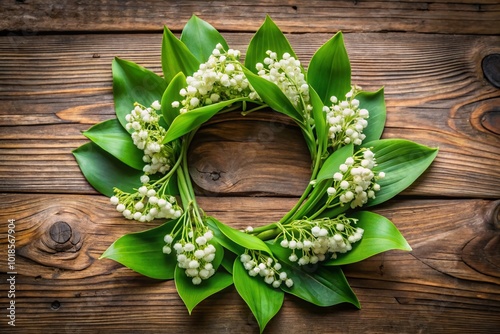 Delicate, bell-shaped lily of the valley flowers and lush greenery intertwined to form a beautiful, whimsical wreath, photo