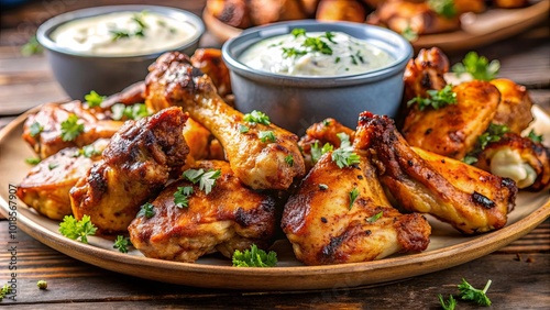 Golden Brown Roasted Chicken Wings with Creamy Dip and Parsley Garnish on a Wooden Table