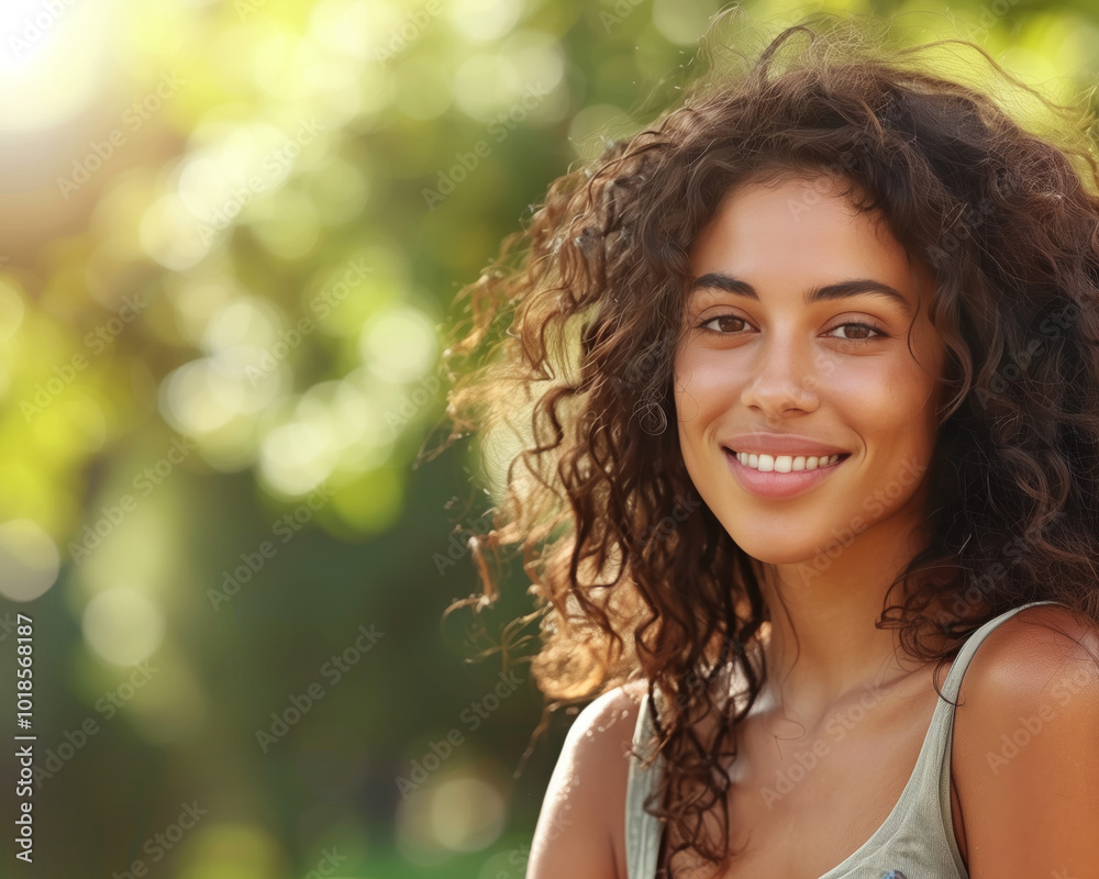 Portrait of a Smiling Woman with Natural Curly Hair in Sunlit Outdoor Setting, Lifestyle Photography Portrait of a Smiling Woman with Natural Curly Hair in Sunlit Outdoor Setting, Lifestyle Photography