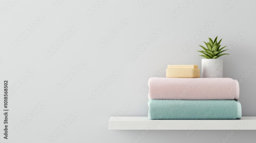 A soft stack of folded pastel towels on a clean shelf, organized towels, calm and cozy environment A soft stack of folded pastel towels on a clean shelf, organized towels, calm and cozy environment