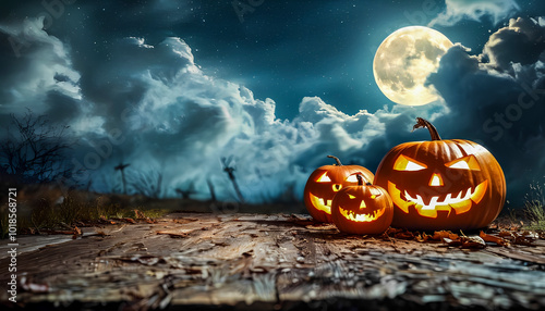 halloween day: three halloween pumpkins on the right side of the photo, the pumpkins are on top of a rustic wooden table, in the background a starry sky with full moon and clouds, photo realism photo