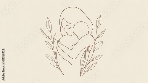 Mom hugging her child in simple line art, representing motherhood. 