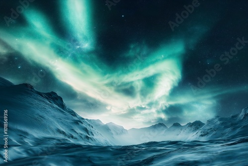 An Ethereal Aurora Borealis Dancing in the Night Sky, With Vivid Green and Purple Hues Swirling Above a Snowy Landscape, for Work or Design, High Resolution Wallpaper or Background