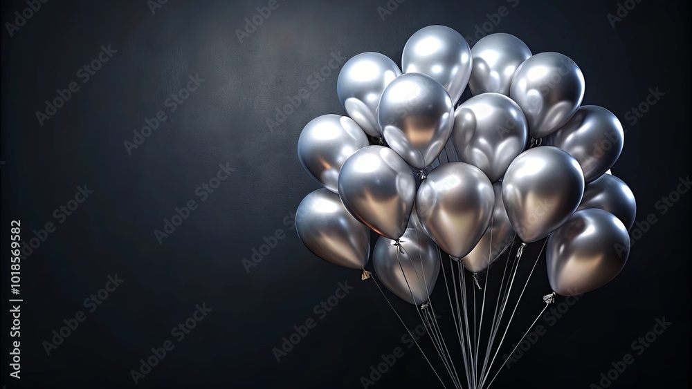 A cluster of lustrous silver balloons, each reflecting a soft luminescence against a stark dark background, hinting at an upcoming celebration. A cluster of lustrous silver balloons, each reflecting a soft luminescence against a stark dark background, hinting at an upcoming celebration.