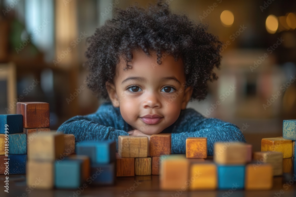 Fototapeta premium lifestyle photo of a playful young african american toddler surrounded by colorful wooden block toys capturing the joy and curiosity of childhood in a cozy play area
