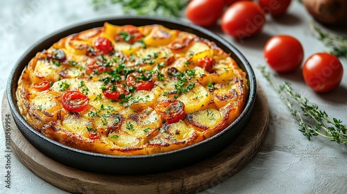 An overhead photo of a Spanish tortilla in a traditional tortilla, with parsley