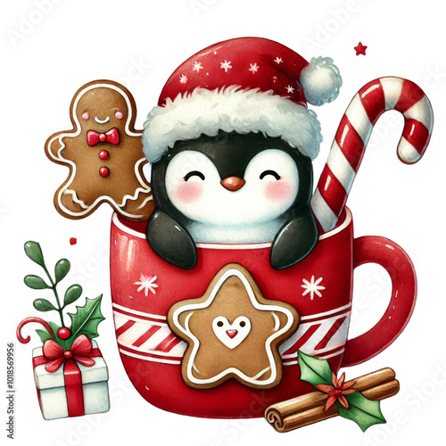 Penguin in Santa hat sitting in a red Christmas mug with gingerbread cookies, candy cane, and gift. Festive watercolor illustration.