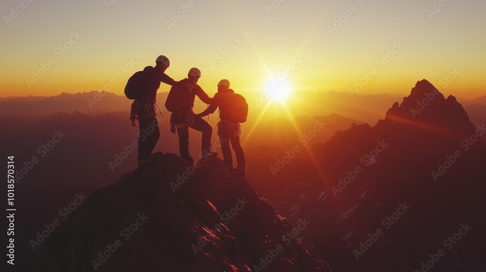 Teamwork: Three climbers help each other on a mountain top at sunrise. Teamwork: Three climbers help each other on a mountain top at sunrise.