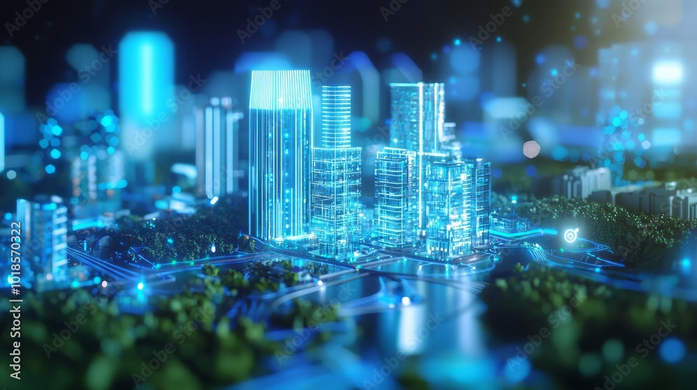 Obraz premium Futuristic Smart City Water Management System with 5G Technology Enhancing Efficiency and Sustainability