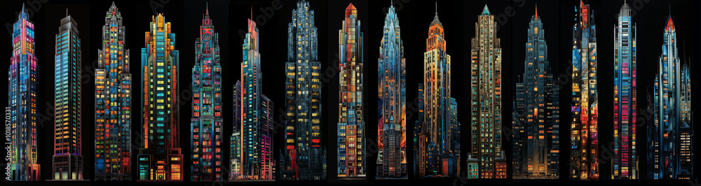 Obraz premium A vibrant, ultra-wide collage of tall skyscrapers in a playful cartoon style pops against a stark black background