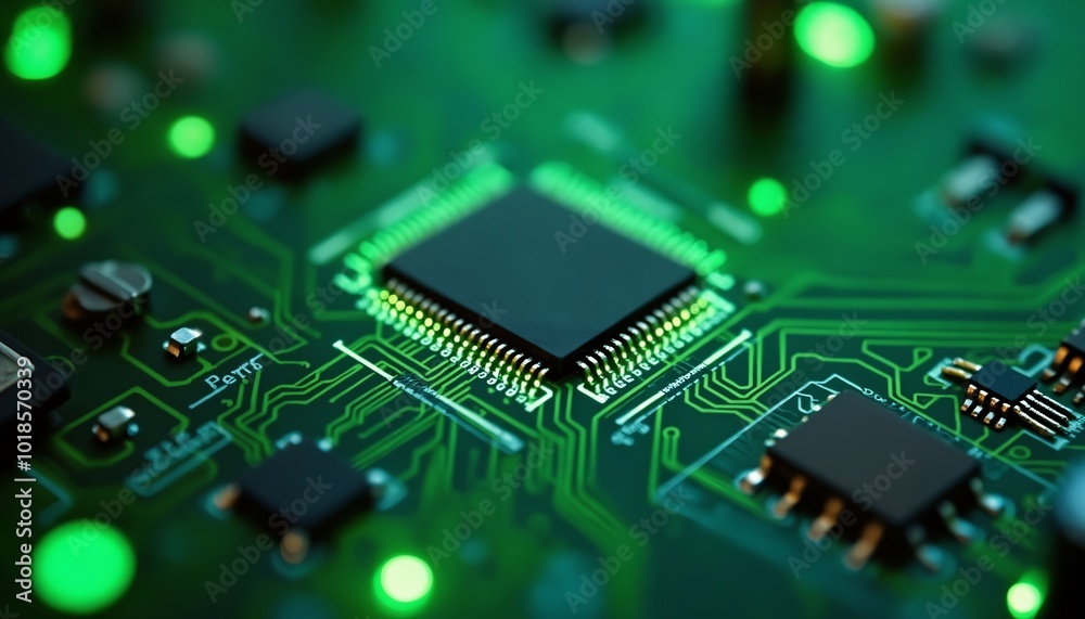 A close-up of a green circuit board with intricate pathways and glowing microchips. The light reflects off metallic components, showcasing the complexity and precision of modern technology. A close-up of a green circuit board with intricate pathways and glowing microchips. The light reflects off metallic components, showcasing the complexity and precision of modern technology.