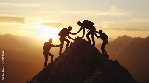 Teamwork: Three climbers help each other on a mountain top at sunrise. 