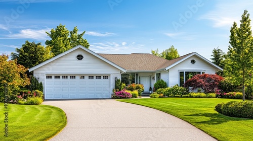A white, single-story rambler home with a three-car garage, large driveway, and lush backyard landscaping is shown on a summer day with blue skies.