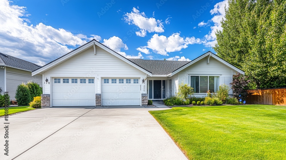 A white, single-story rambler home with a three-car garage, large driveway, and lush backyard landscaping is shown on a summer day with blue skies. A white, single-story rambler home with a three-car garage, large driveway, and lush backyard landscaping is shown on a summer day with blue skies.