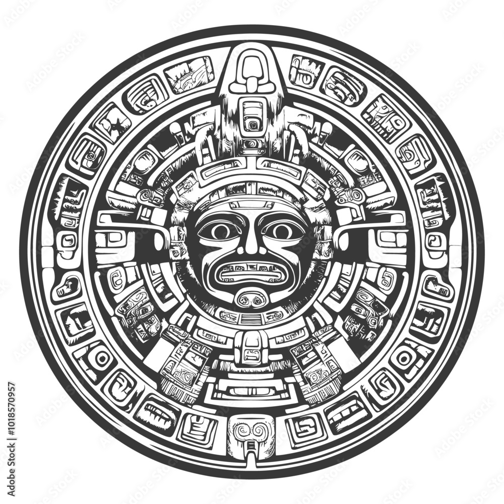 Circular Aztec Calendar with Central Deity and Glyphs Circular Aztec Calendar with Central Deity and Glyphs