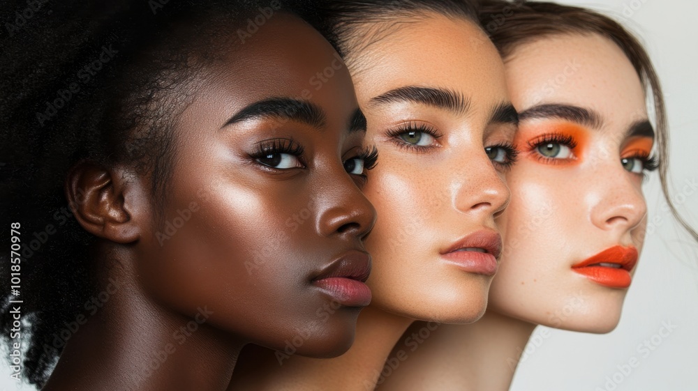 Diverse beauty representation with three women showcasing different skin tones. Diverse beauty representation with three women showcasing different skin tones.