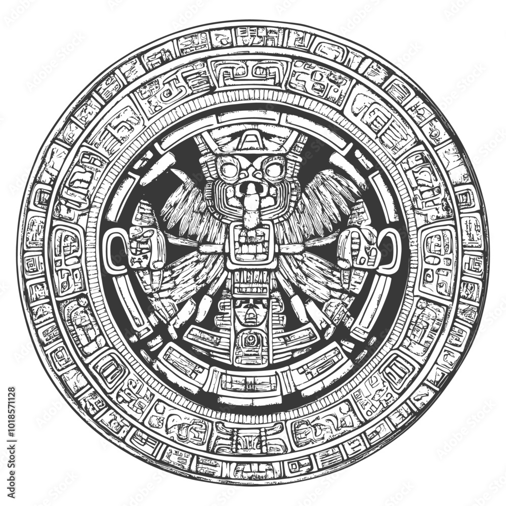 Circular Aztec Design Featuring a Central Deity with Wings Circular Aztec Design Featuring a Central Deity with Wings