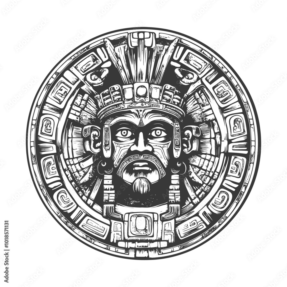 Circular Aztec Design Featuring a Face with Intricate Headwear Circular Aztec Design Featuring a Face with Intricate Headwear
