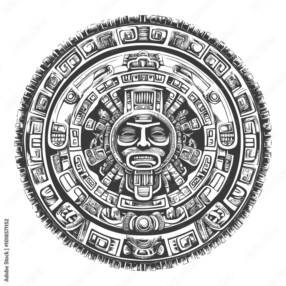 Circular Aztec Design with a Central Deified Face Circular Aztec Design with a Central Deified Face