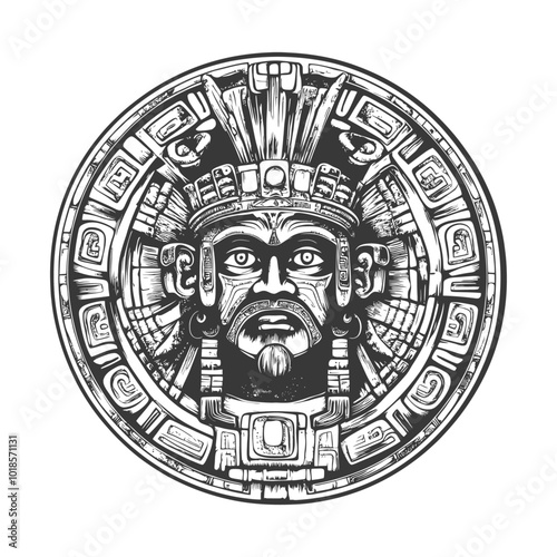 Circular Aztec Design Featuring a Face with Intricate Headwear