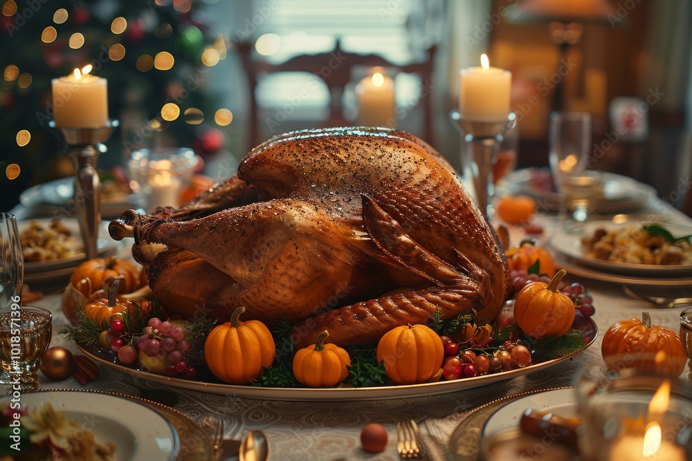 Ultra-detailed wide shot of a Thanksgiving table with a focus on the grilled turkey, surrounded by elegant decorations and gentle lighting creating a festive mood Ultra-detailed wide shot of a Thanksgiving table with a focus on the grilled turkey, surrounded by elegant decorations and gentle lighting creating a festive mood