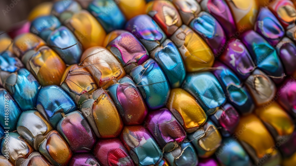 A close-up view of a colorful ear of corn, showcasing its vibrant hues and unique patterns. A close-up view of a colorful ear of corn, showcasing its vibrant hues and unique patterns.