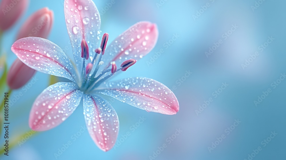 Delicate Pink and Blue Flower with Water Droplets on Petals Delicate Pink and Blue Flower with Water Droplets on Petals