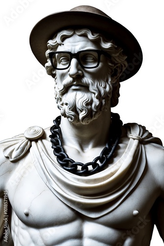 Greek Zeus statue wearing trendy sunglasses and wearing a cool chain necklace on an isolated white background combining retro style with modern fun photo