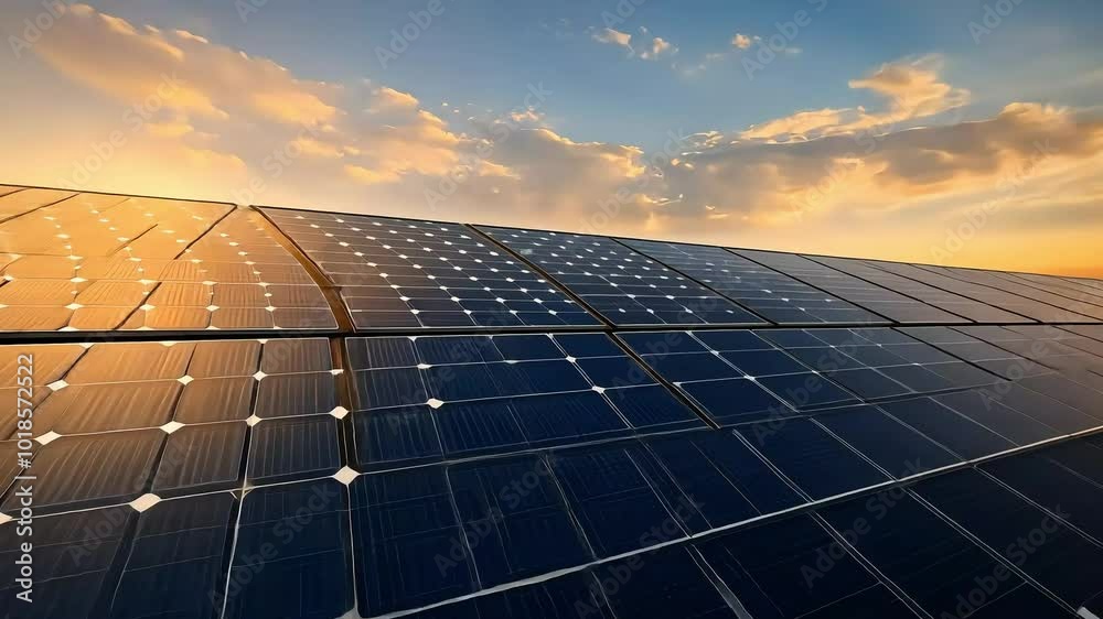 Close-up of solar panels against a backdrop of a beautiful sunset sky.