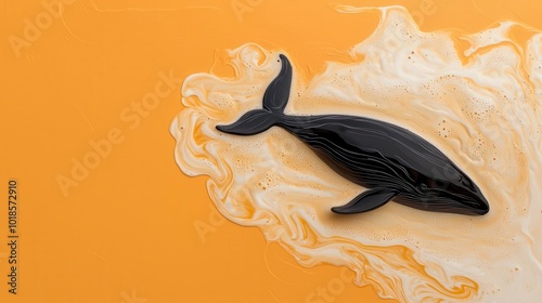 A close-up of a whale diving through the foam, latte art etching, ocean life theme photo