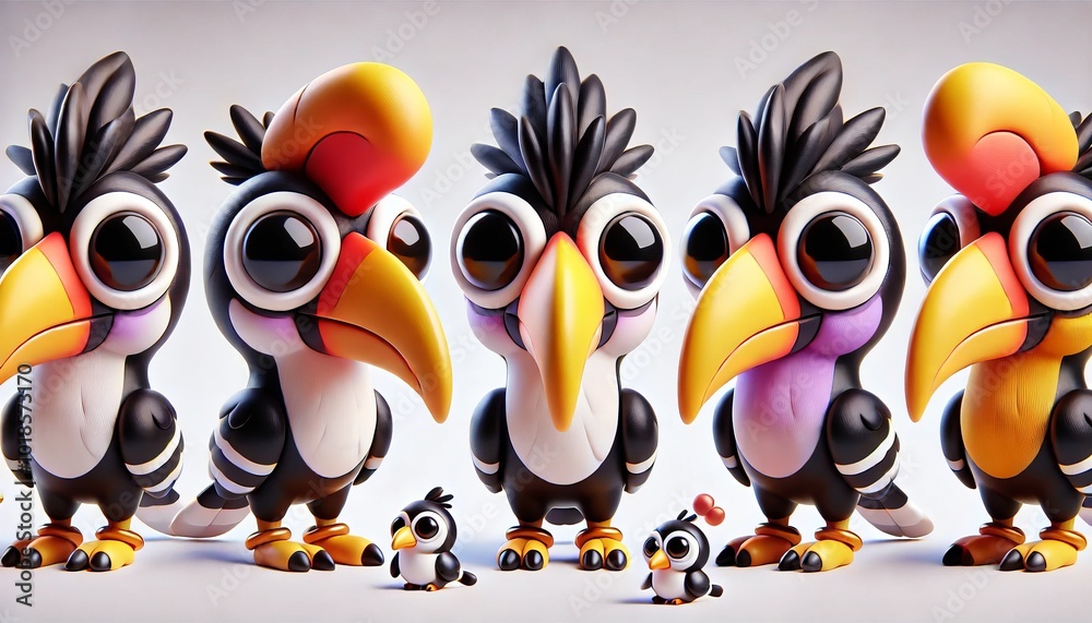 Fototapeta premium Cute Cartoon Birds with Big Eyes Family of Toucans with Chicks