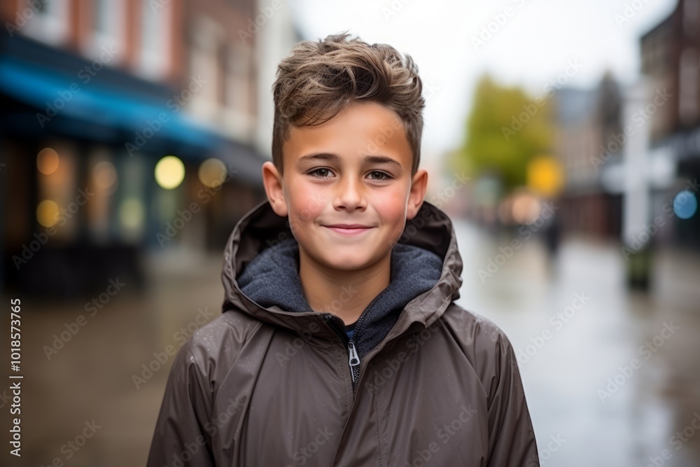 Portrait of a smiling boy in a raincoat in the street Portrait of a smiling boy in a raincoat in the street