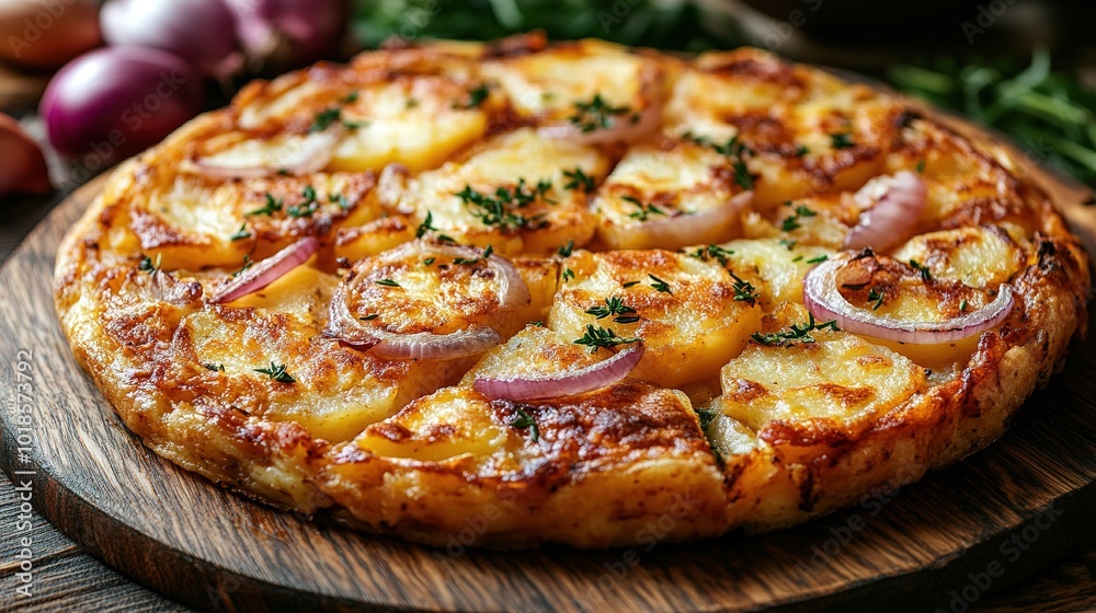 An overhead photo of a Spanish tortilla in a traditional tortilla, with parsley An overhead photo of a Spanish tortilla in a traditional tortilla, with parsley