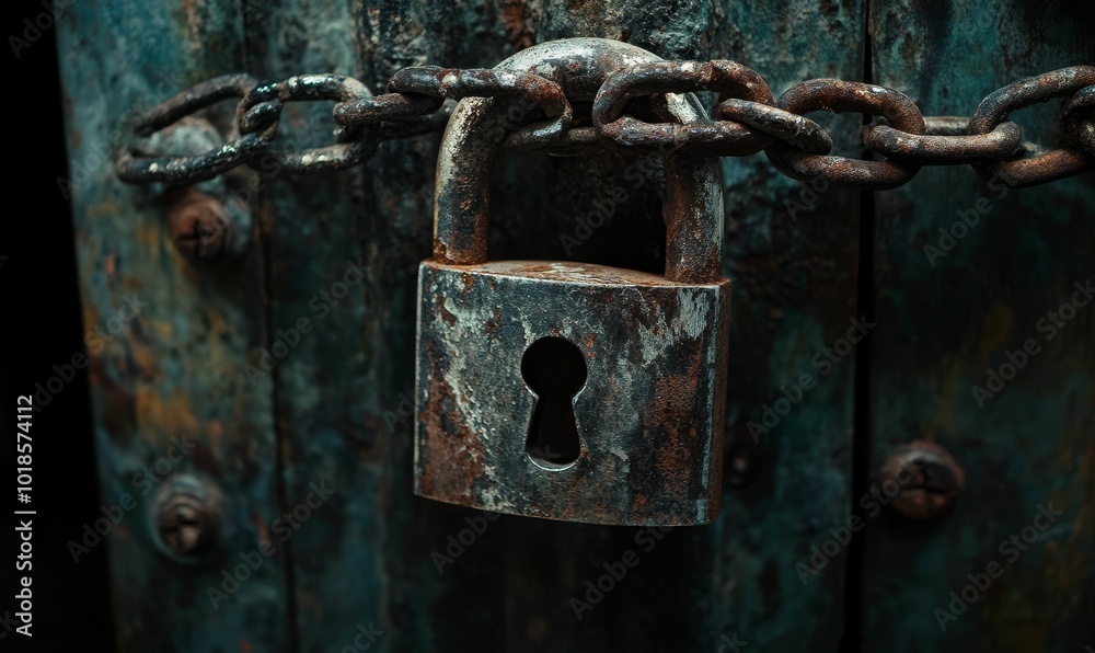Rusty padlock and chain on a metal door. Rusty padlock and chain on a metal door.