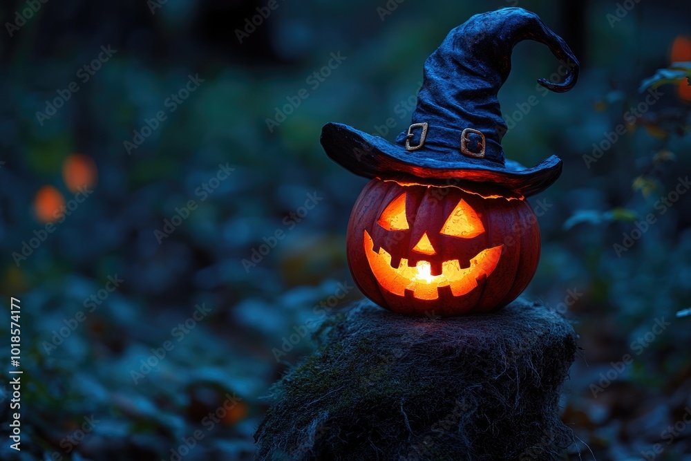 Naklejka premium Illuminated Jack-O'-Lantern with Witch's Hat in Dark Woods