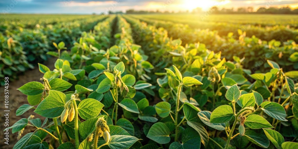 Obraz premium Aerial view of healthy flowering soybean field with punctured seeds
