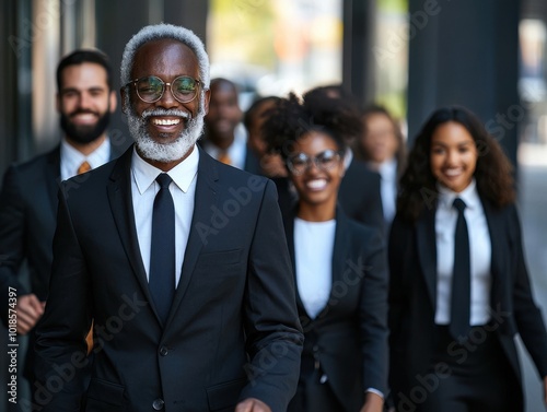 Diverse professionals walking confidently in business attire.