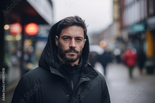 Portrait of a man in the street, wearing a hoodie