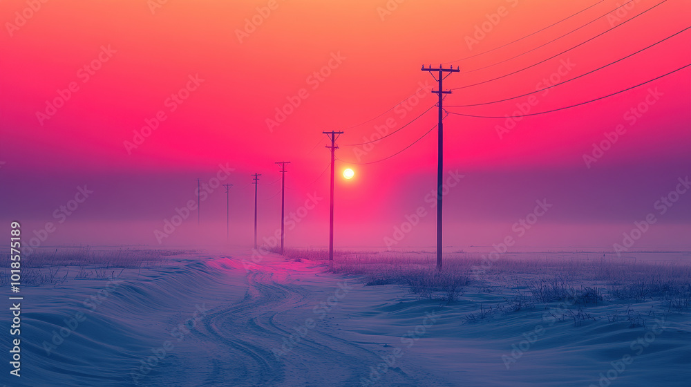 A tranquil winter scene featuring a vibrant sunset with snow-covered ground and power poles lined along a lonely road, evoking a sense of calm and solitude A tranquil winter scene featuring a vibrant sunset with snow-covered ground and power poles lined along a lonely road, evoking a sense of calm and solitude