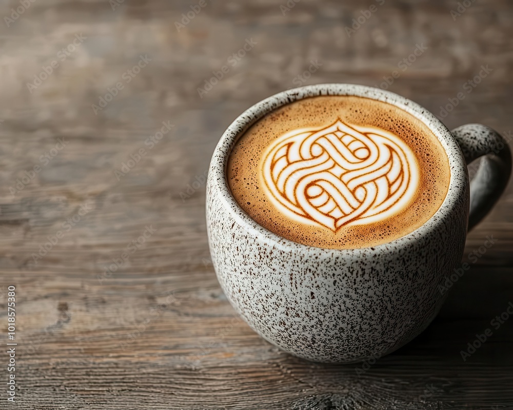 Celtic knot pattern etched into latte foam, latte art etching, ancient and symbolic design