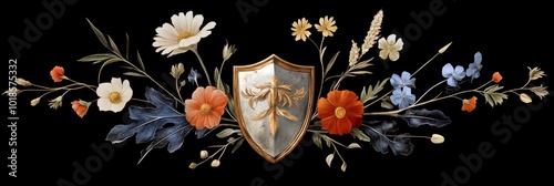 A delicate floral border with a medieval shield in the center, symbolizing beauty, protection, strength, history, and nature.