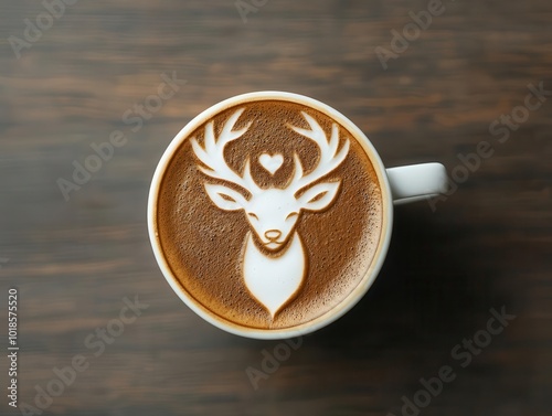 Portrait of a deer in latte foam, latte art etching, rustic and wild nature concept photo