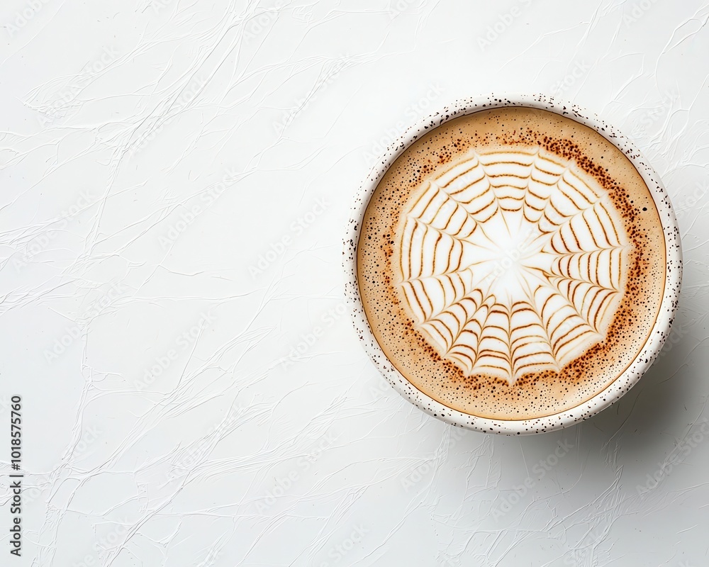 Close-up of a delicate spiderweb etched into latte foam, latte art etching, intricate and fine design Close-up of a delicate spiderweb etched into latte foam, latte art etching, intricate and fine design