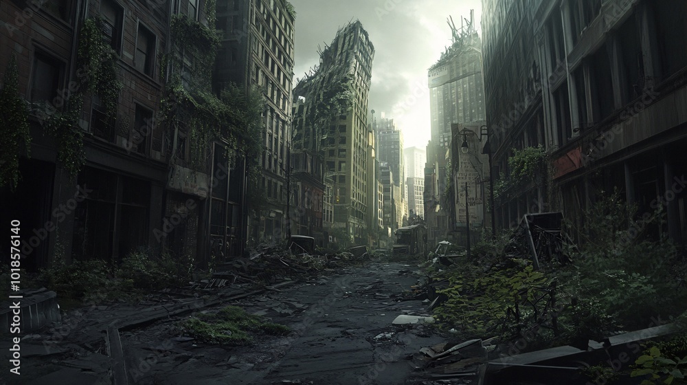 Desolate urban landscape with abandoned buildings, overgrown vegetation, and remnants of a once-bustling city, illustrating nature reclaiming urban spaces. Desolate urban landscape with abandoned buildings, overgrown vegetation, and remnants of a once-bustling city, illustrating nature reclaiming urban spaces.