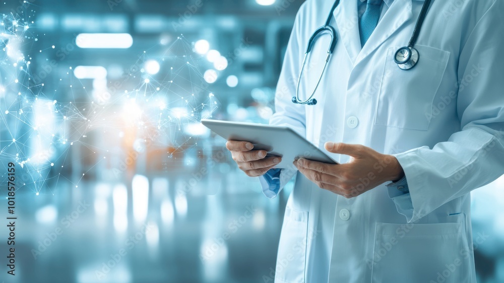 Doctor holding a tablet, wearing a lab coat in a modern healthcare setting. Doctor holding a tablet, wearing a lab coat in a modern healthcare setting.