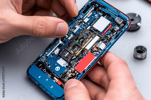 An engineer examining the internal structure of a smartphone, carefully documenting each component to reverse engineer its design photo